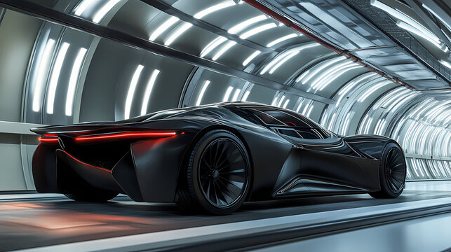 Sleek hypercar concept with biomimetic design active aerodynamics and luminescent quantum dot paint glowing in a wind tunnel. Luminescent. Illustration