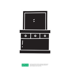 A simple black silhouette of a dresser with a mirror on top, featuring three drawers and a decorative design. Ideal for interior design or furniture illustrations.