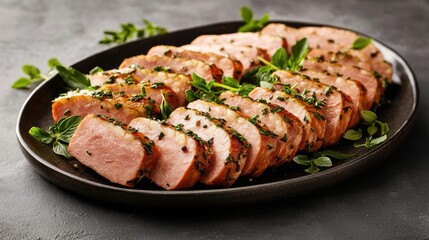 Sliced roasted meat garnished with herbs on a black plate