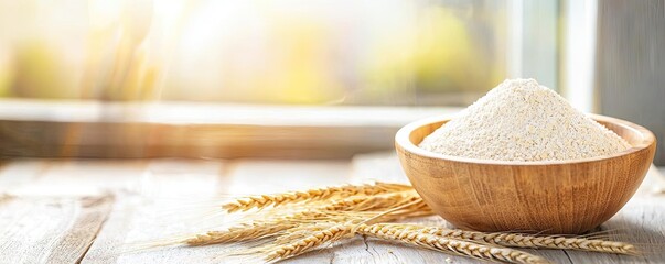 Bowl of flour with wheat grains, natural light from window.