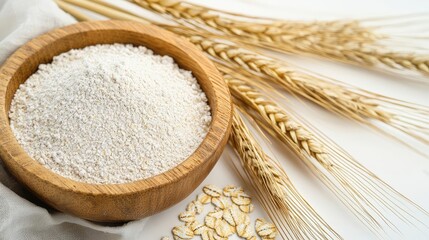 Fresh wheat flour in a wooden bowl with wheat ears on a white background