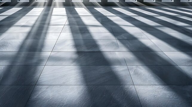 A monochromatic image showcasing sunlight breaking through window blinds, forming parallel shadow lines on a textured floor. 8k UHD, suitable for high-quality printing or digital display. 