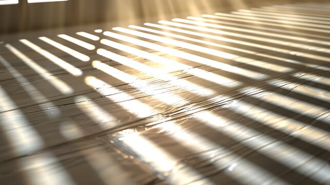 A monochromatic image showcasing sunlight breaking through window blinds, forming parallel shadow lines on a textured floor. 8k UHD, suitable for high-quality printing or digital display. 