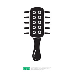 A simple black silhouette of a hairbrush with rounded bristles, designed for grooming and styling hair.