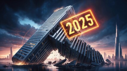 Destruction event in futuristic city urban landscape visual artwork dystopian environment dramatic perspective 2025 concept