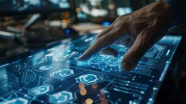 Close-up view of a hand interacting with a holographic display, showcasing futuristic technology and digital innovation.