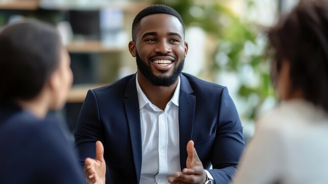 African-American male financial advisor engaging in a conversation with two female clients. Financial planning services, consultancy, or relationship-focused business solutions