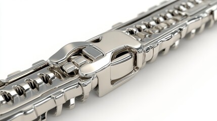 Obraz premium A close-up view of a shiny metallic zipper showcasing its teeth and slider mechanism.