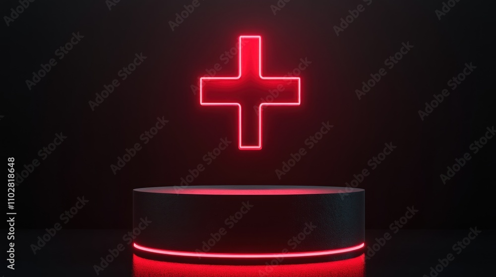 Poster a glowing red cross symbol above a circular platform in a dark setting.