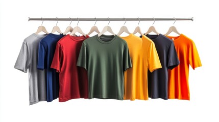 some new t-shirts collection hang on the hanger rack, sale and retail concept, isolated white background