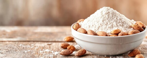 Almond flour in a bowl with whole almonds on a rustic wooden table.
