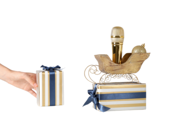PNG, New Year gifts with microphone, golden microphone isolated on white background.