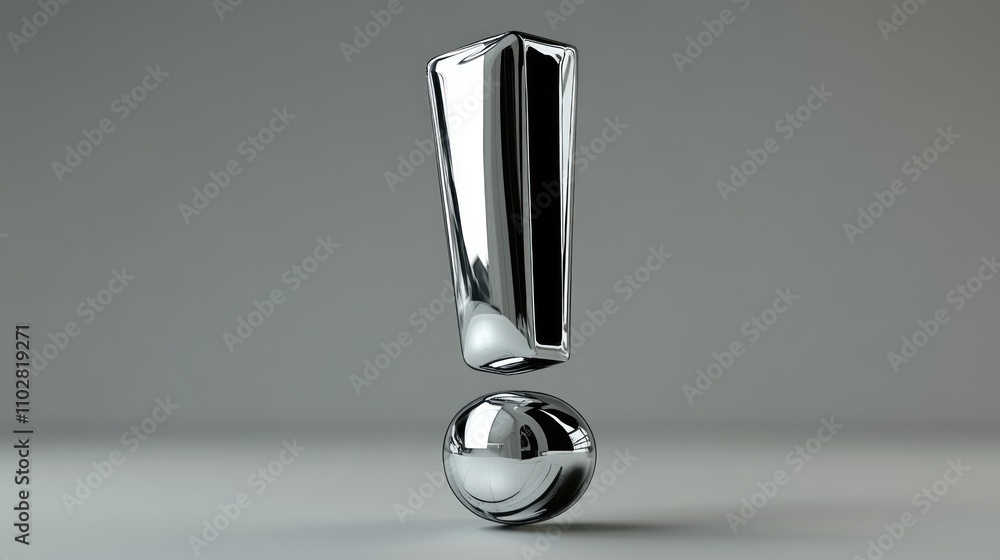 Poster a shiny metallic exclamation mark above a reflective sphere on a smooth surface.