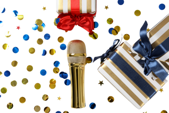 PNG, New Year gifts with microphone, golden microphone isolated on white background.