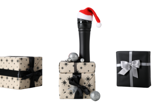 PNG, Christmas gifts with microphone, microphone with santa hat isolated on white background.