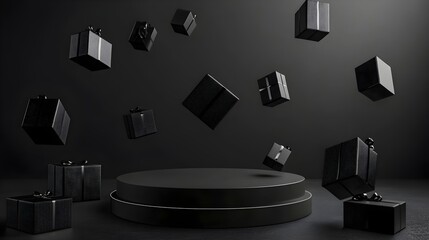Black podium with black background with floating gift boxes