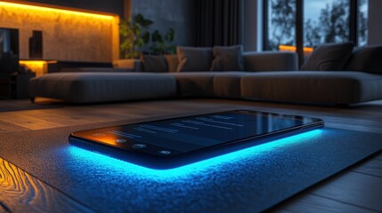 Modern smartphone on illuminated mat in cozy living room, featuring elegant furniture and stylish ambient lighting, showcasing technology in a serene environment