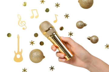 PNG, New Year gifts with microphone, golden microphone isolated on white background.