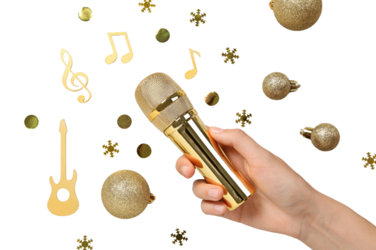 PNG, New Year gifts with microphone, golden microphone isolated on white background.