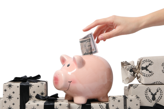 PNG, Christmas piggy bank, with festive decorations and gifts, isolated on white background.