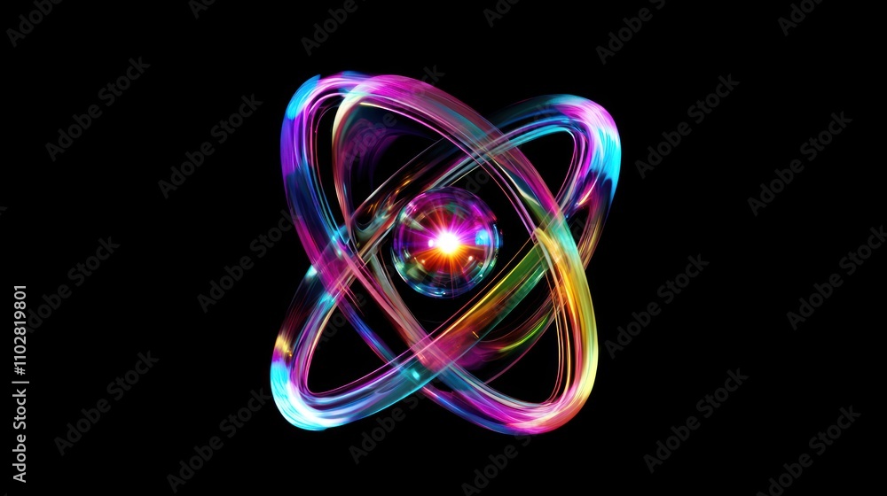 Poster a colorful, abstract representation of an atom symbolizing science and energy.