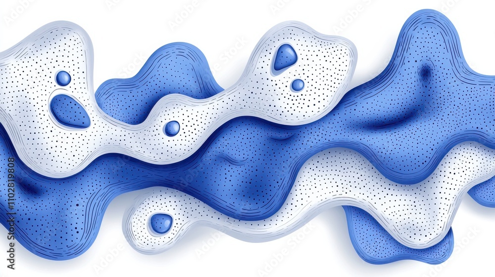 Poster Art Effect Style, A dynamic wave-like pattern in blue and white, featuring smooth curves and textured bubbles, evoking a sense of fluidity and movement.