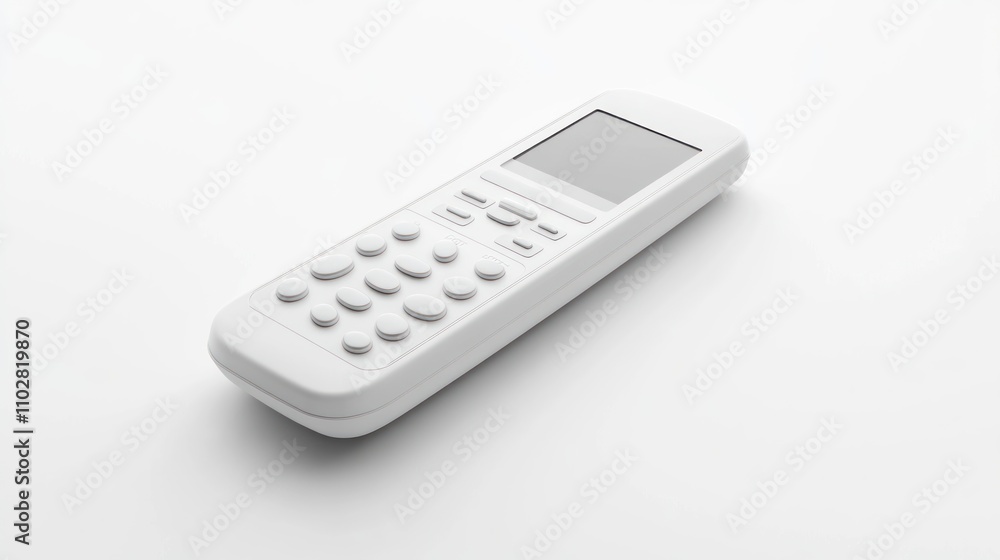 Poster a sleek white remote control with buttons and a display, designed for user-friendly operation.