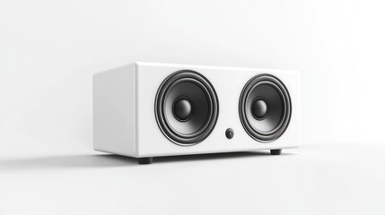 Fototapeta premium A modern white speaker with dual woofers designed for audio playback.