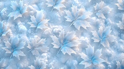 Frosty blue maple leaves on a cloudy background.
