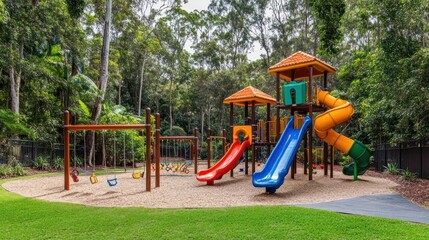 A colorful playground featuring slides and swings, set in a lush green environment.