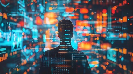 Silhouette of person facing digital world with data streams and information flow for technology virtual reality innovation cyber environment futuristic insight concept.