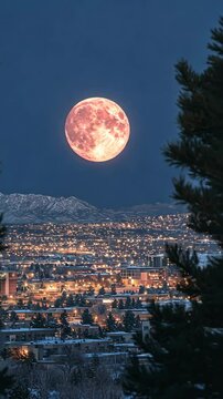 Mesmerizing Moonrise Over a Dazzling Cityscape Illuminated by Warm Lights at Dusk