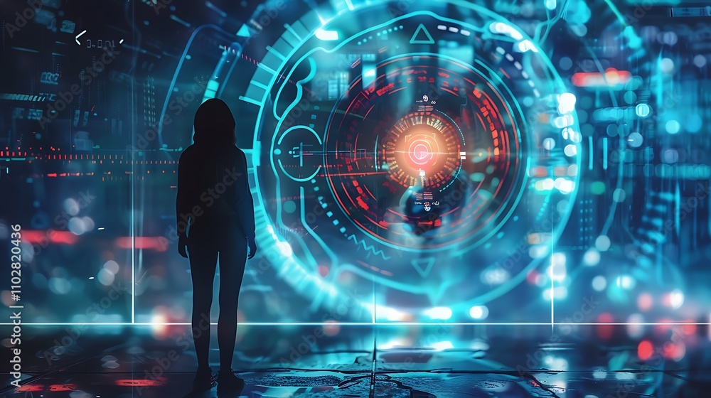 Poster silhouette of a hacker facing a futuristic digital interface. cyberpunk style.