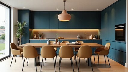 Experience a contemporary kitchen design with rich blue cabinetry and warm accents for a cozy feel