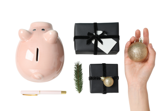 PNG, Christmas piggy bank, with festive decorations and gifts, isolated on white background.