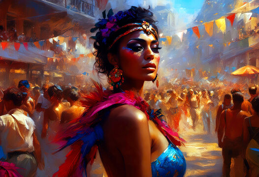 Woman Celebrates at Vibrant Street Festival with Colorful Crowds