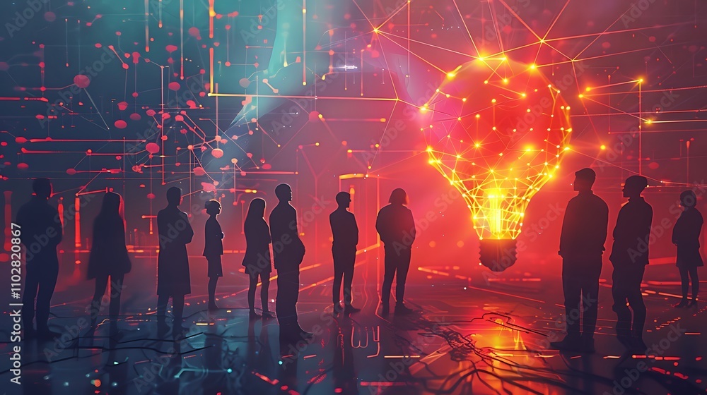 Poster silhouetted figures observe a large, glowing lightbulb symbolizing innovative ideas and networked co