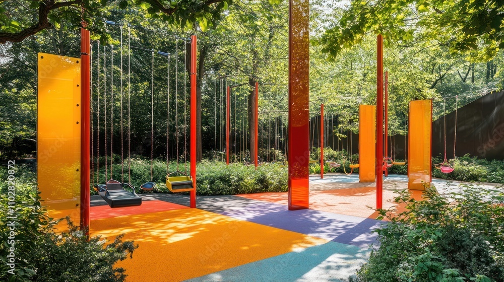 Poster a vibrant playground with swings and colorful surfaces surrounded by greenery.