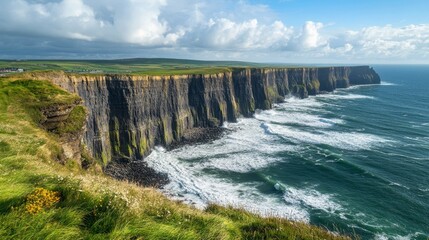 Stunning coastal cliffs with waves crashing against rocky shore under a bright sky.