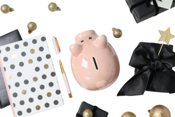 PNG, Christmas piggy bank, with festive decorations and gifts, isolated on white background.
