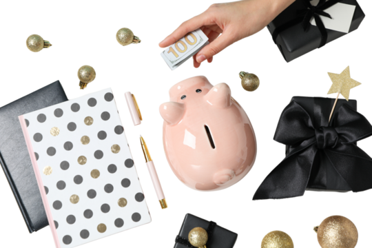PNG, Christmas piggy bank, with festive decorations and gifts, isolated on white background.