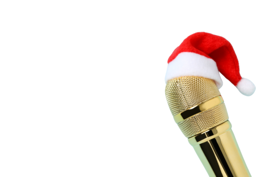 PNG, Christmas gifts with microphone, microphone with santa hat isolated on white background. - Powered by Adobe