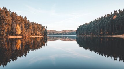 Serene lake reflecting a forested landscape under a clear sky.