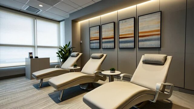 A spa room with white chairs and a window