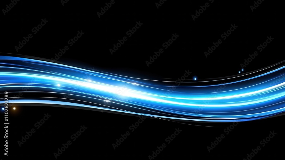 Poster art effect style, a dynamic, glowing blue wave flows across a black background, creating a striking 