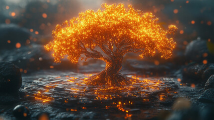 digital golden tree resembling a circuit board, symbolizing technology and nature's interconnectedness, set against an empty blank background, evoking a sense of innovation and potential