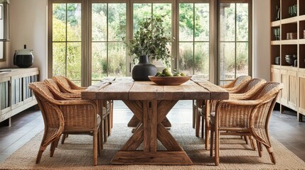 Obraz premium Rustic Dining Room with Wicker Chairs and Wooden Table