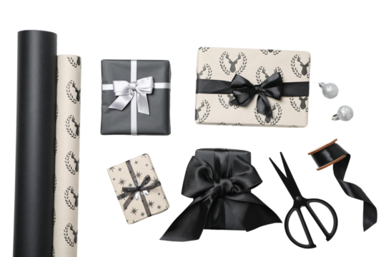 PNG, Christmas gifts, packing process, isolated on white background.