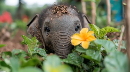 Fototapeta premium Adorable Baby Elephant in Lush Jungle Wildlife Nature Photography