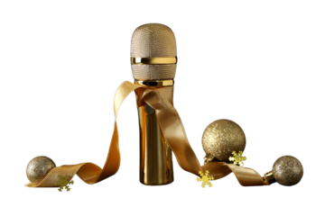 PNG, New Year gifts with microphone, golden microphone isolated on white background.